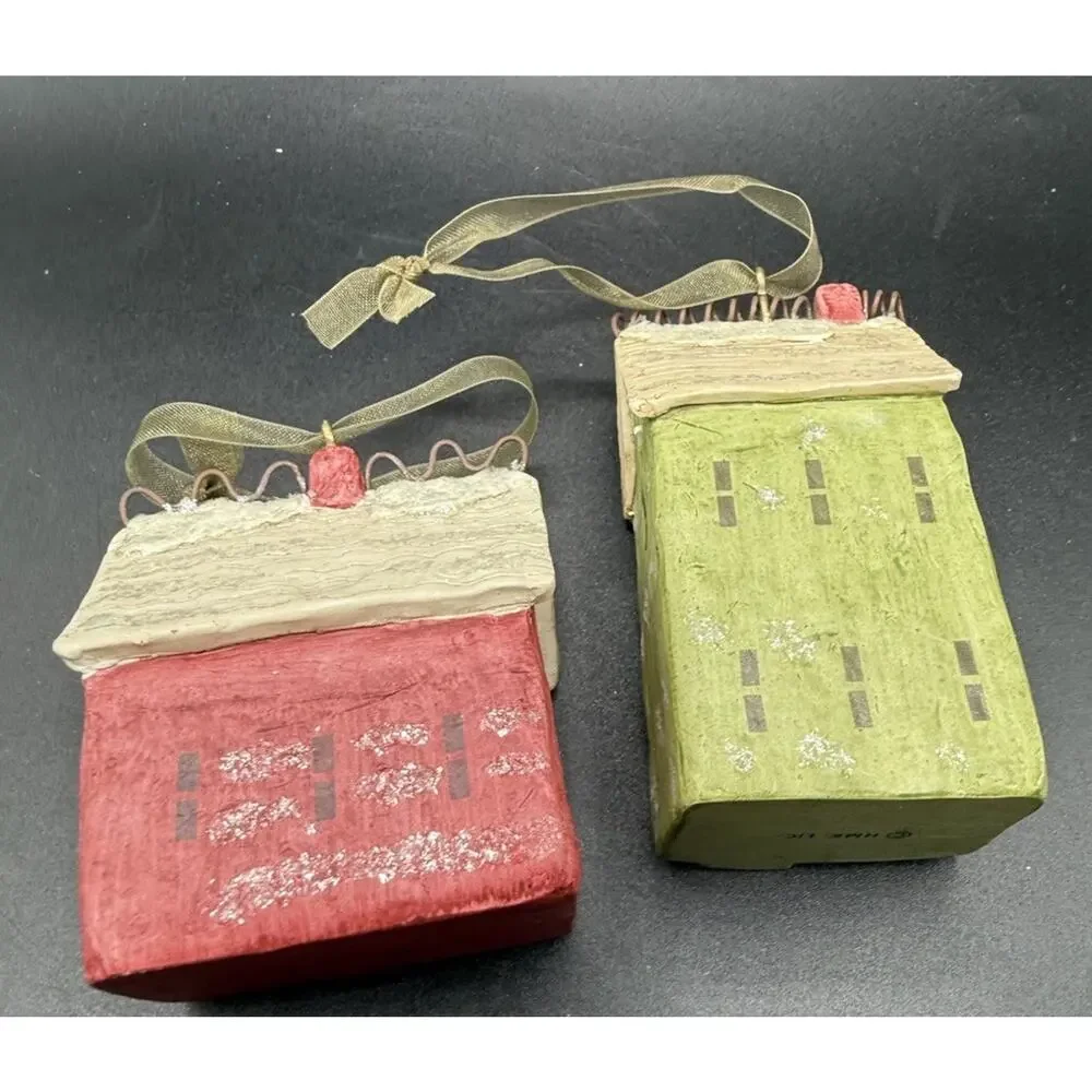 Vtg Lot Of 2 Hallmark Old Town Village Homes Ceramic Christmas Ornaments -LO24